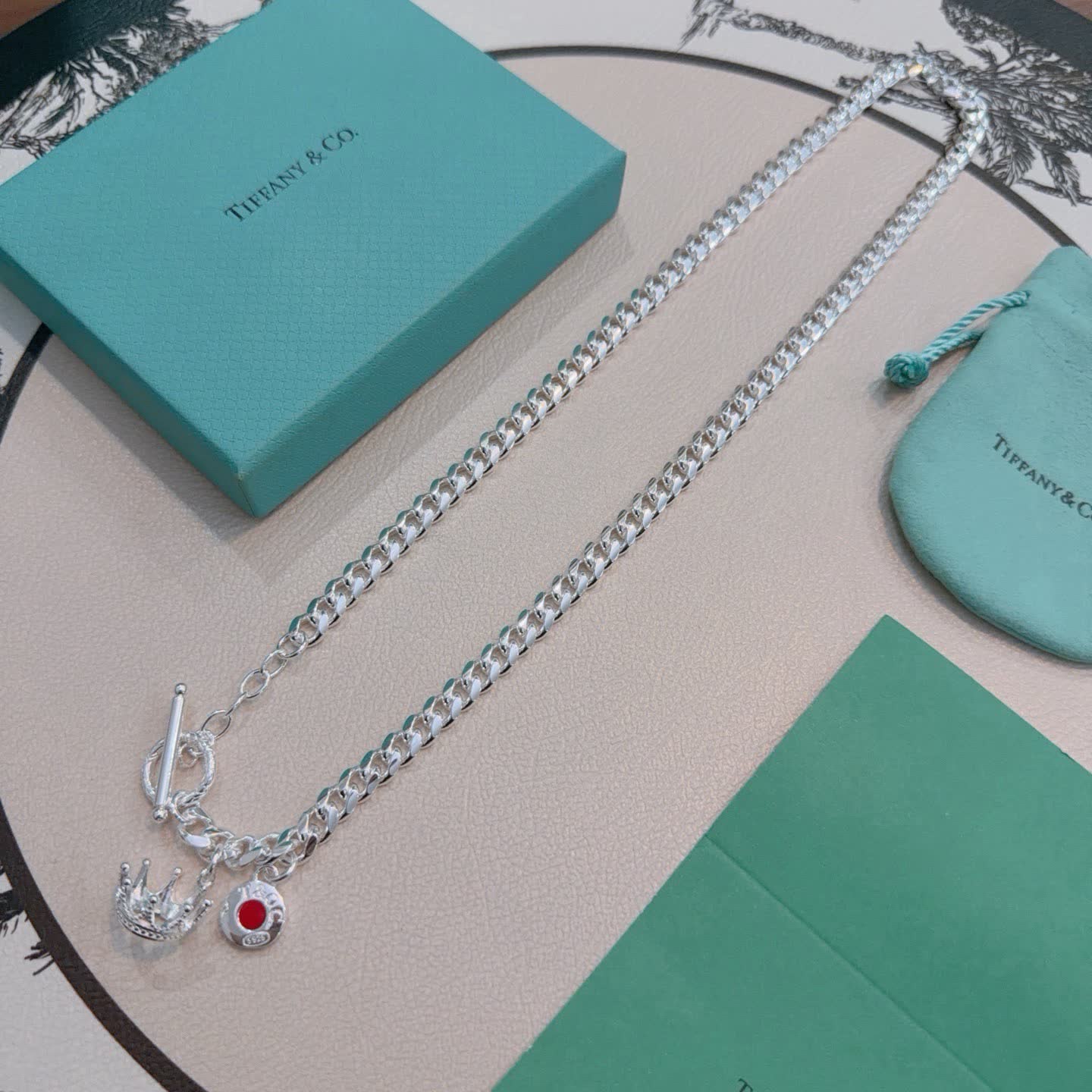 Tiffany & Co. Sterling Silver Crown and Red Enamel Toggle Necklace